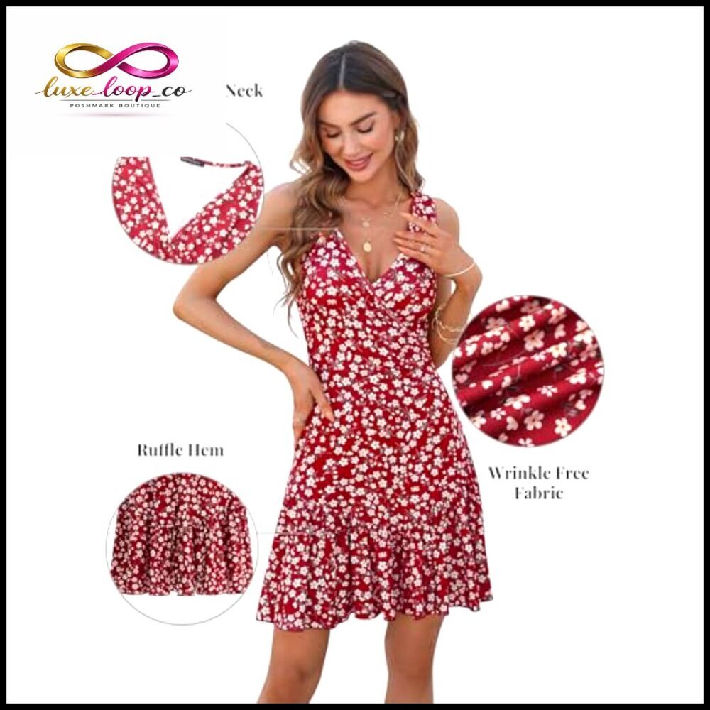 Sleeveless Wrap V-Neck Mini Dress, Floral Print, Polyester Spandex, Summer - Picture 5 of 7